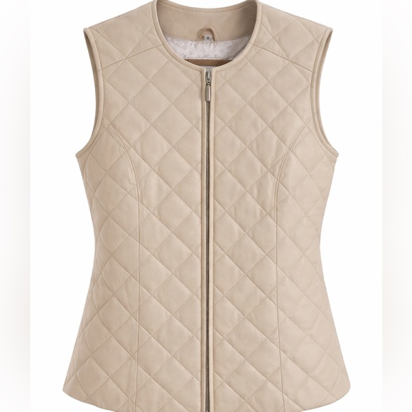 NWT Pamela McCoy Quilted Faux Leather Vest Beige Zip Front Designer Layering - Picture 2 of 4